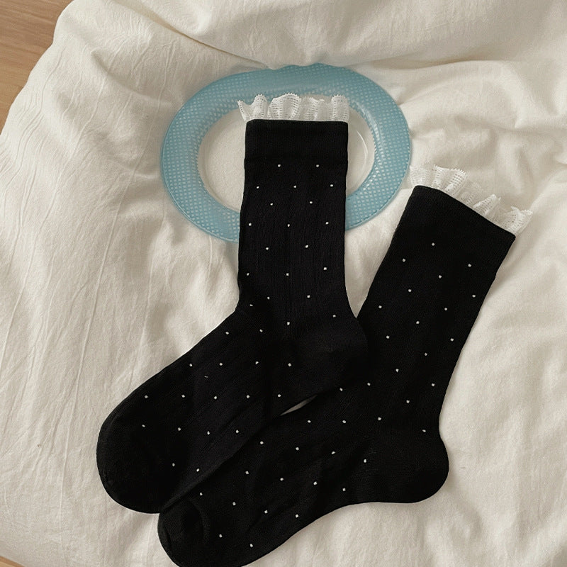 Vintage Coquette Ribbed Cotton Polka Dot Lace Trim Crew Socks For Sweet Outfits - KawaSocks