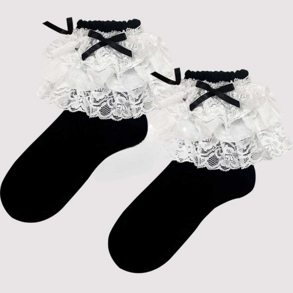 Enchanting Lolita Tiered Lace Ruffle Ribbed Cotton Crew Socks for Doll-Like Fashion - KawaSocks