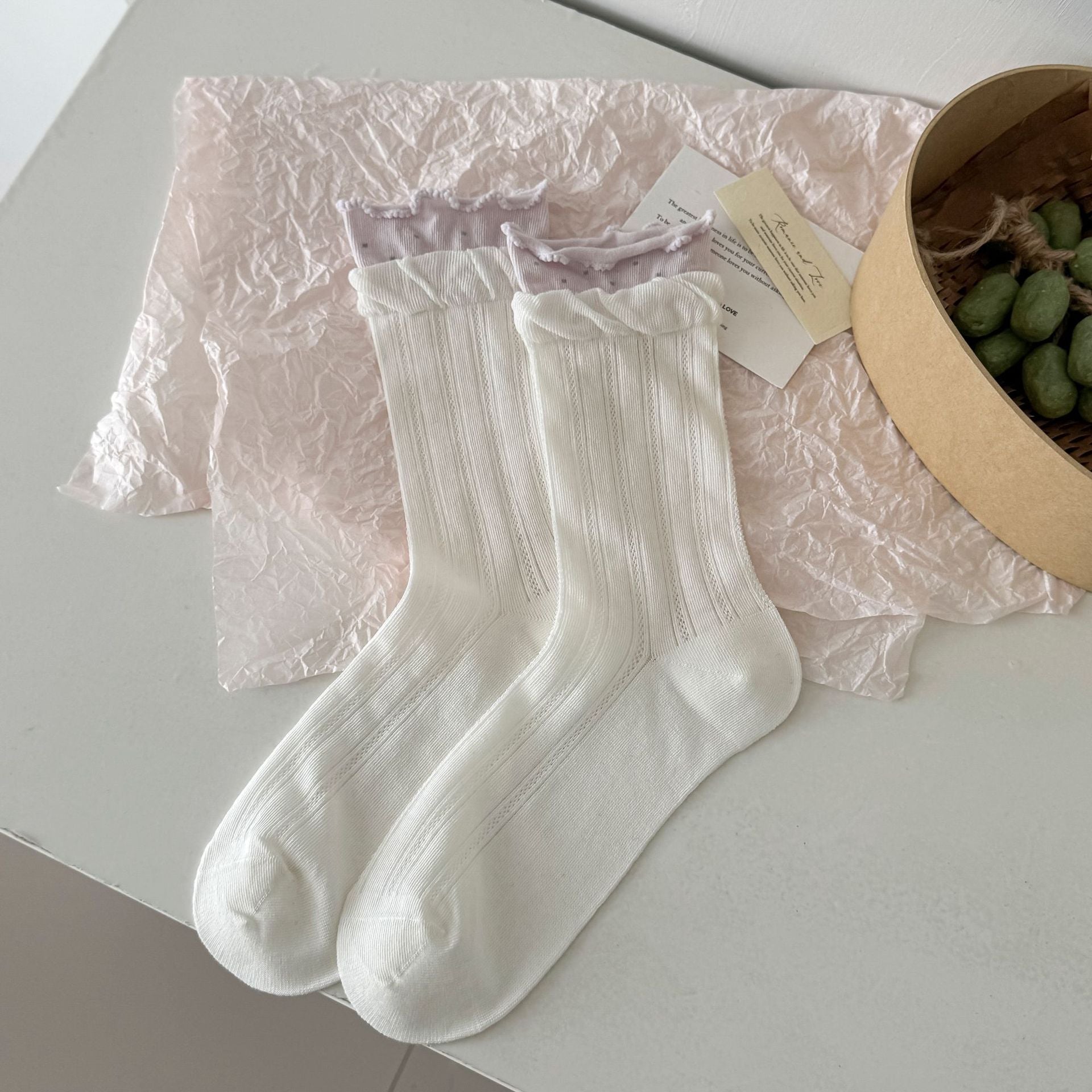 Vintage Cottagecore Pointelle Ribbed Cotton Double Layer Ruffle Crew Socks For Romantic Mori Girl Outfits - KawaSocks