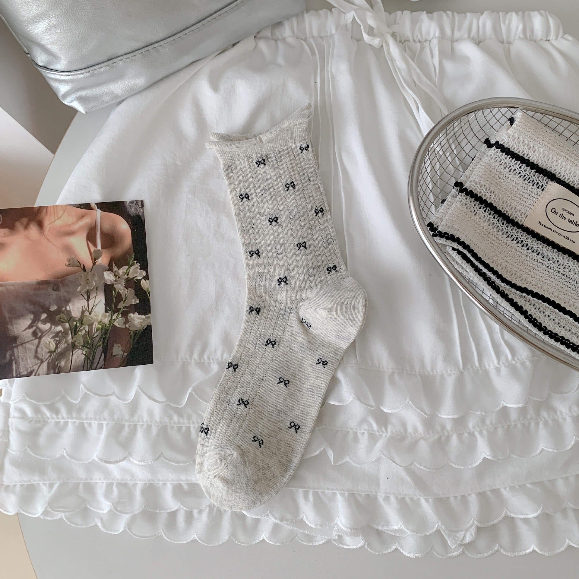 Coquette Aesthetic Sheer Mesh Pointelle Mini Bow Crew Socks - KawaSocks