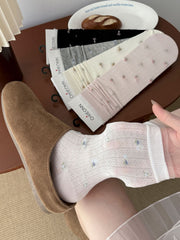 Vintage Cottagecore Pointelle Knit Floral Embroidery Crew Socks - KawaSocks