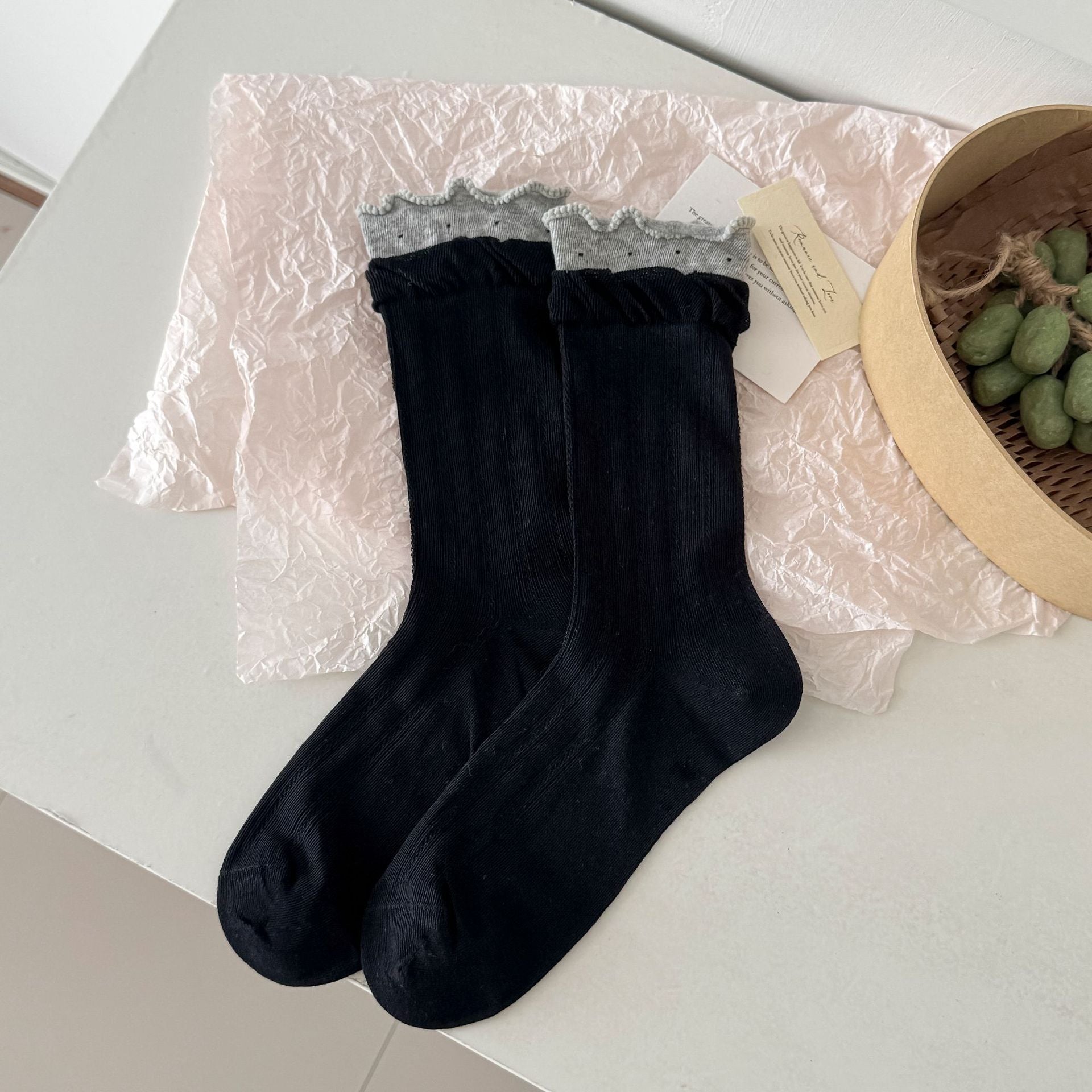 Vintage Cottagecore Pointelle Ribbed Cotton Double Layer Ruffle Crew Socks For Romantic Mori Girl Outfits - KawaSocks
