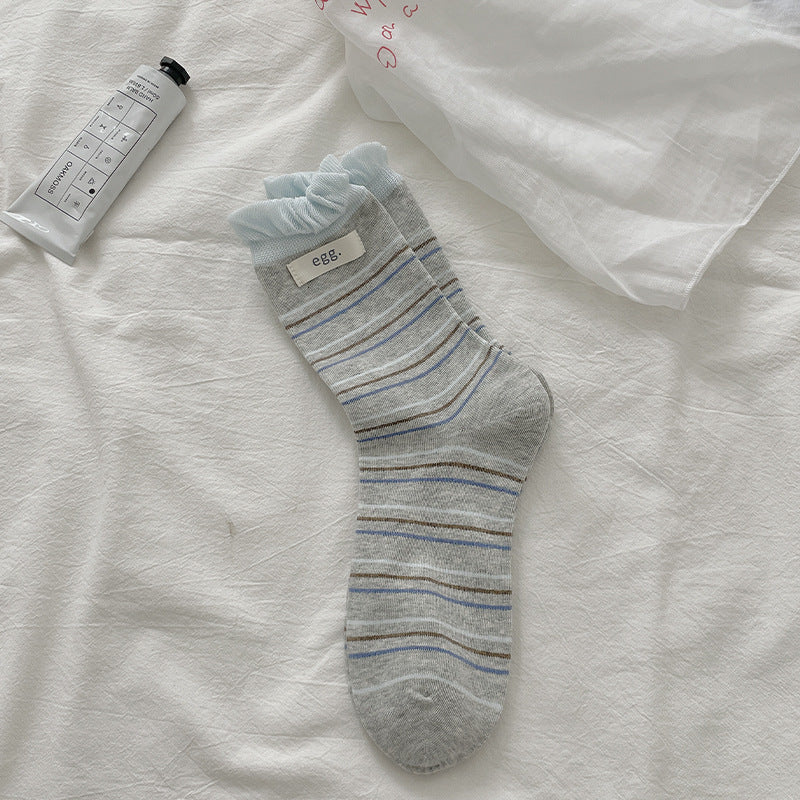 Pastel Kawaii Soft Cotton Striped Ruffle Hem Crew Socks For Everyday Casual Wear - KawaSocks
