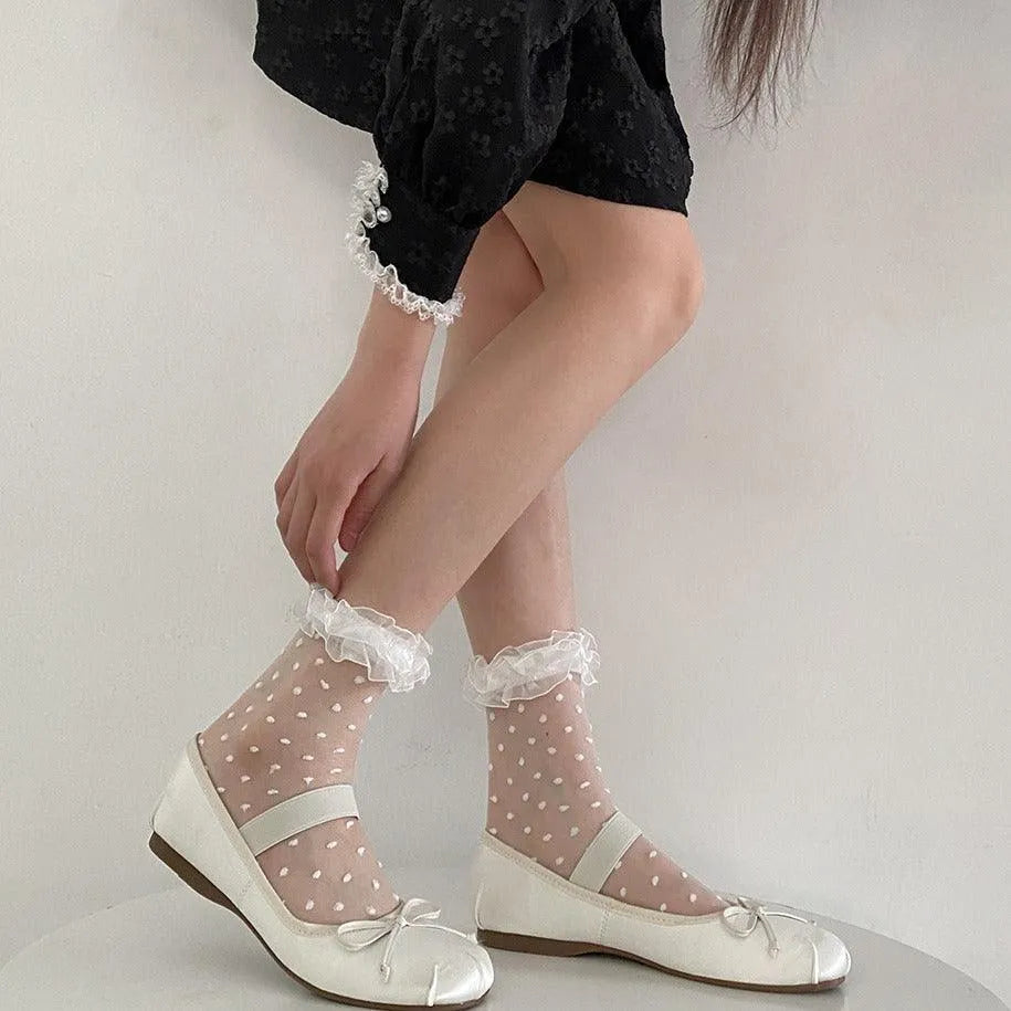 Polka Dot Socks with RuffleTransparent Ankle Mesh Socks for Ballet - KawaSocks