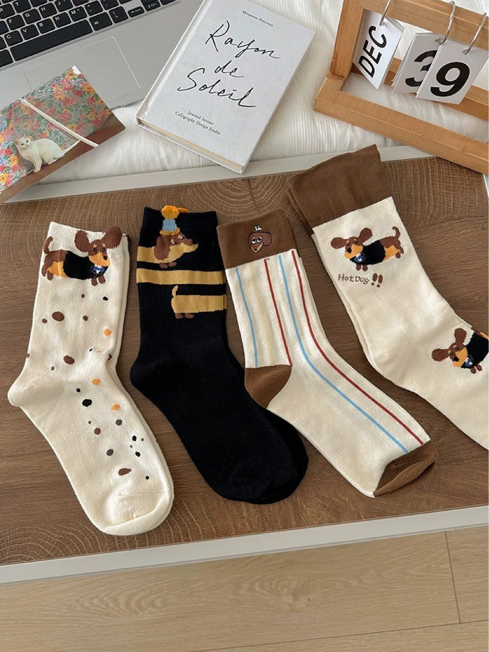 Playful Dachshund Puppy Print Soft Cotton Crew Socks for Casual Everyday Outfits - KawaSocks