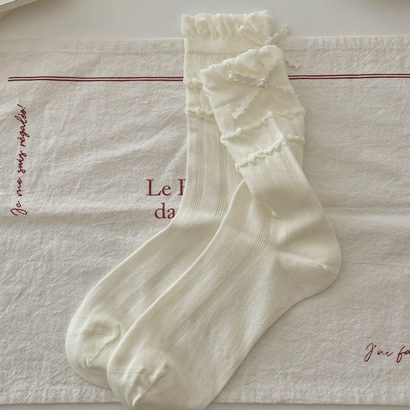 Coquette Romantic Ribbed Cotton Ruffle Bow Crew Socks For Sweet Vintage Styling