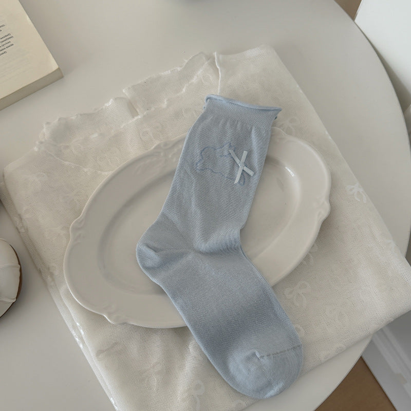 Soft Girl Pastel Cotton Lace & Ribbon Bow Crew Socks for Cute Everyday Wear - KawaSocks