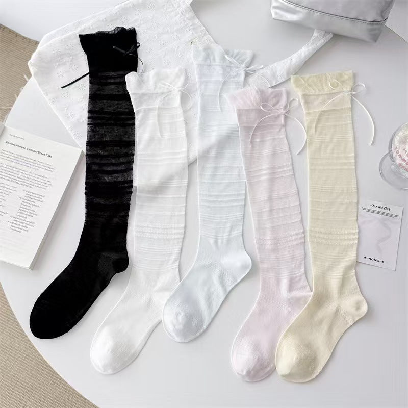 Coquette Balletcore Sheer Striped Mesh Knee High Ribbon Socks - KawaSocks