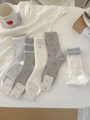 Vintage Coquette Pastel Blue and Gray Ruffle Cotton Crew Socks for Kawaii Aesthetics - KawaSocks