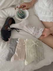 Coquette Romantic Ribbed Cotton Ruffle Bow Crew Socks For Sweet Vintage Styling