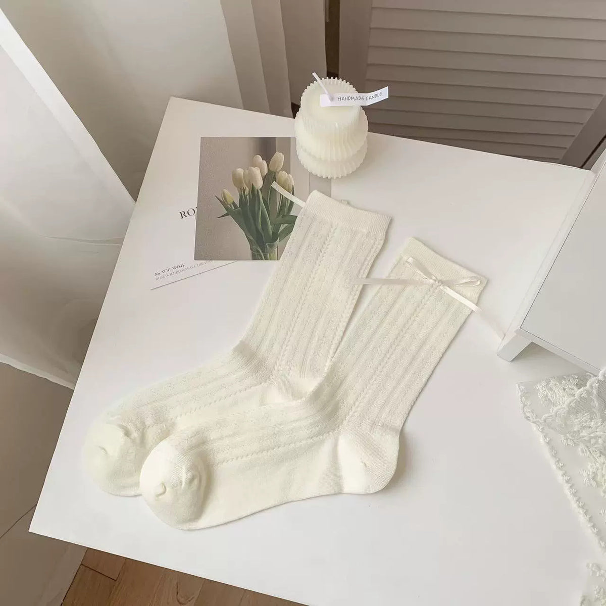Romantic Coquette Cream Cotton Heart Pointelle Crew Socks with Satin Bows - KawaSocks
