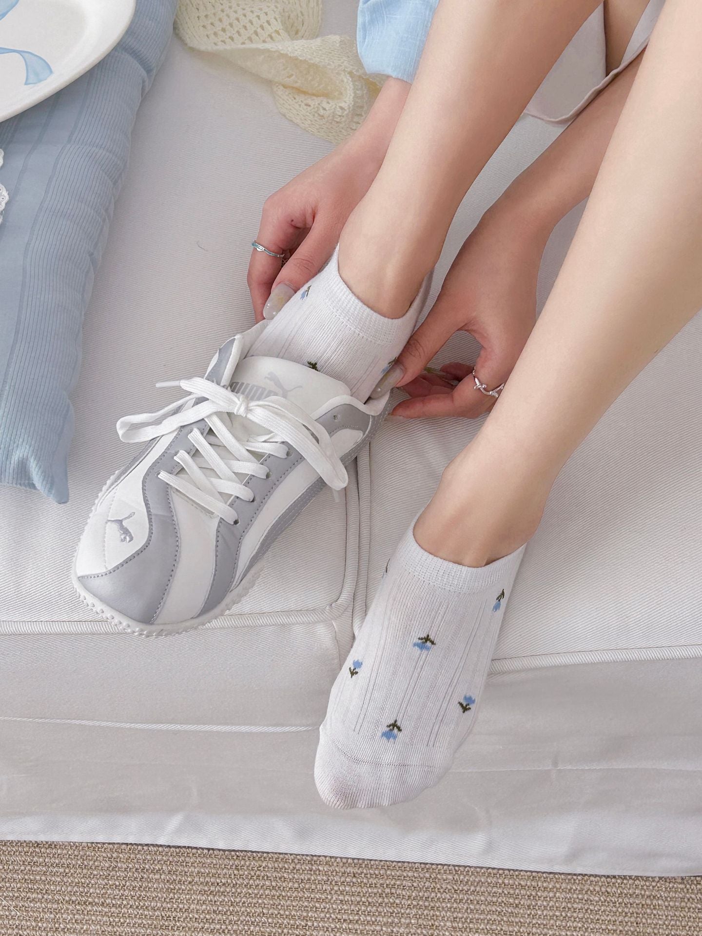 Cottagecore Dainty Floral Ribbed Cotton No Show Socks For Everyday Spring Outfits - KawaSocks