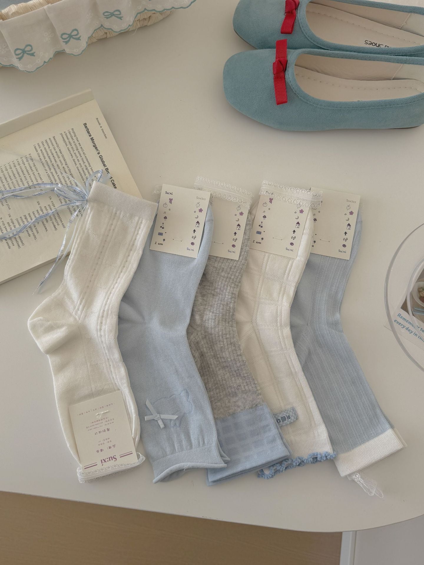 Soft Girl Pastel Cotton Lace & Ribbon Bow Crew Socks for Cute Everyday Wear - KawaSocks