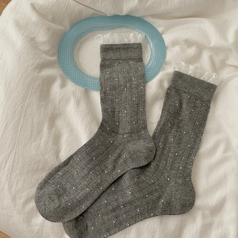 Vintage Coquette Ribbed Cotton Polka Dot Lace Trim Crew Socks For Sweet Outfits - KawaSocks