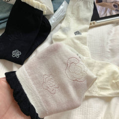 Vintage Coquette Soft Cotton Contrast Ruffle Rose Embroidered Crew Socks for Cute Daily Outfits - KawaSocks