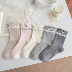 Coquette Romantic Cotton Ruffled Bobble Bow Crew Socks For Sweet Outfits - KawaSocks