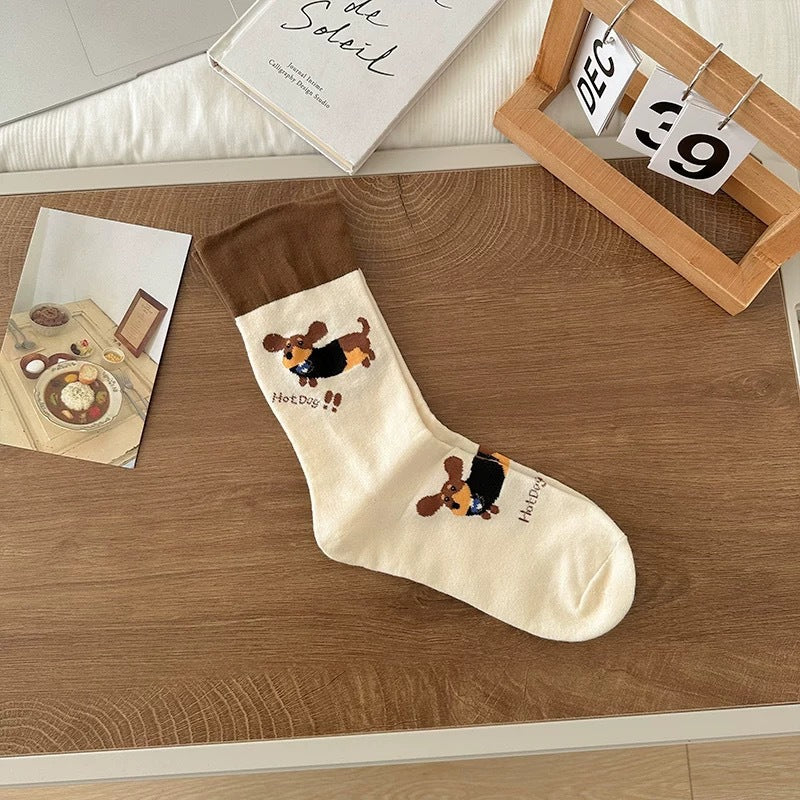 Playful Dachshund Puppy Print Soft Cotton Crew Socks for Casual Everyday Outfits - KawaSocks