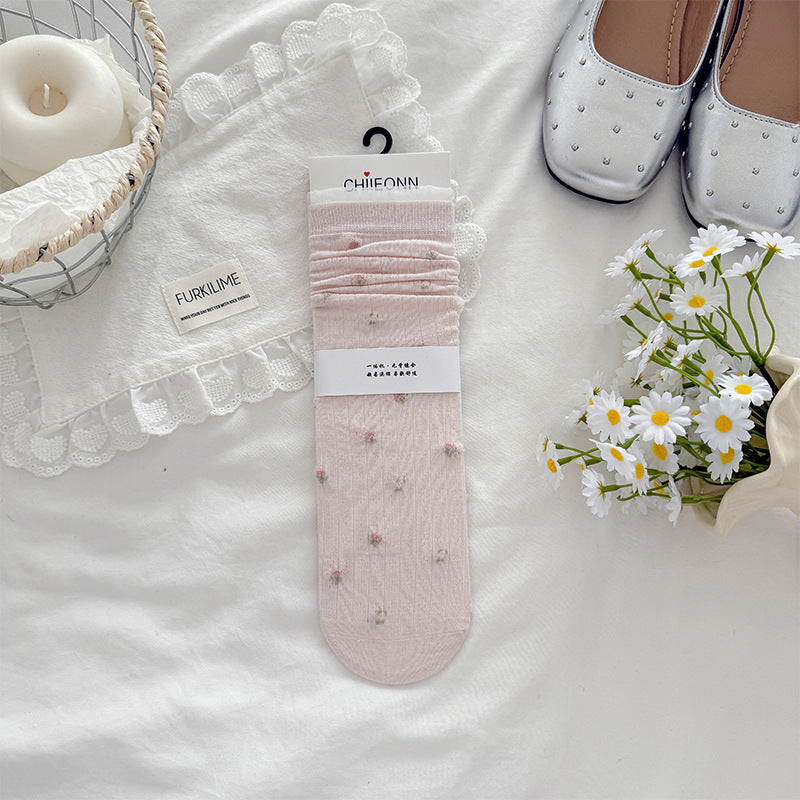Vintage Cottagecore Pointelle Knit Floral Embroidery Crew Socks - KawaSocks