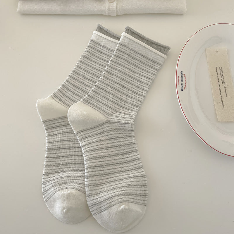 Vintage Coquette Pastel Blue and Gray Ruffle Cotton Crew Socks for Kawaii Aesthetics - KawaSocks