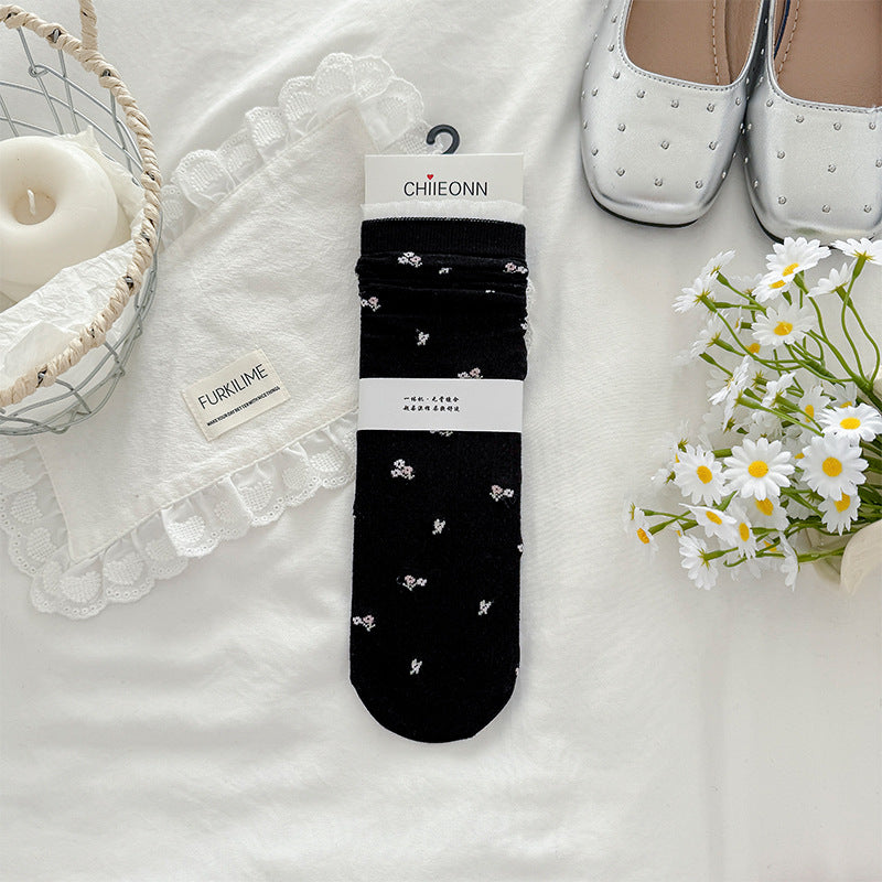 Vintage Cottagecore Pointelle Knit Floral Embroidery Crew Socks - KawaSocks