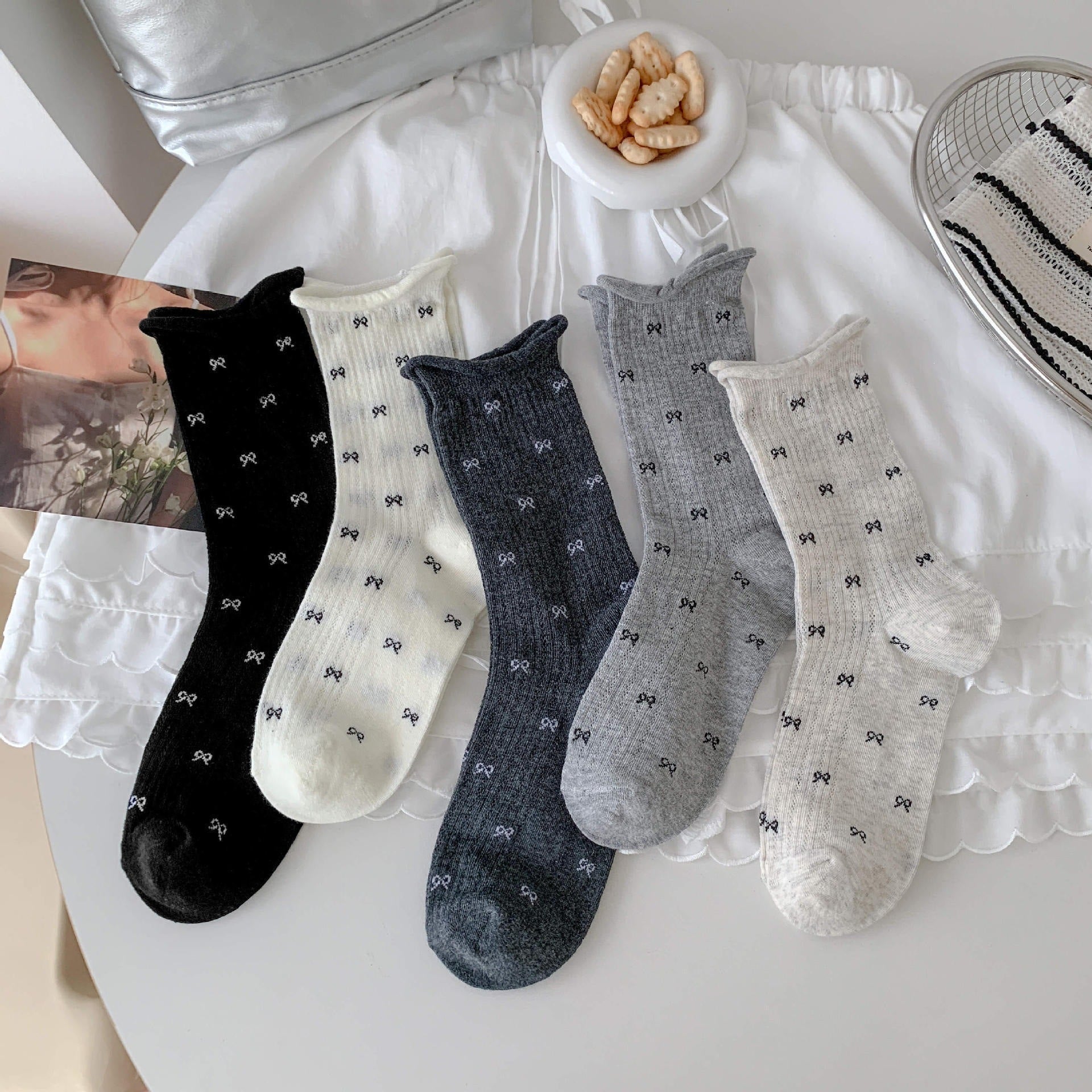 Coquette Aesthetic Sheer Mesh Pointelle Mini Bow Crew Socks - KawaSocks