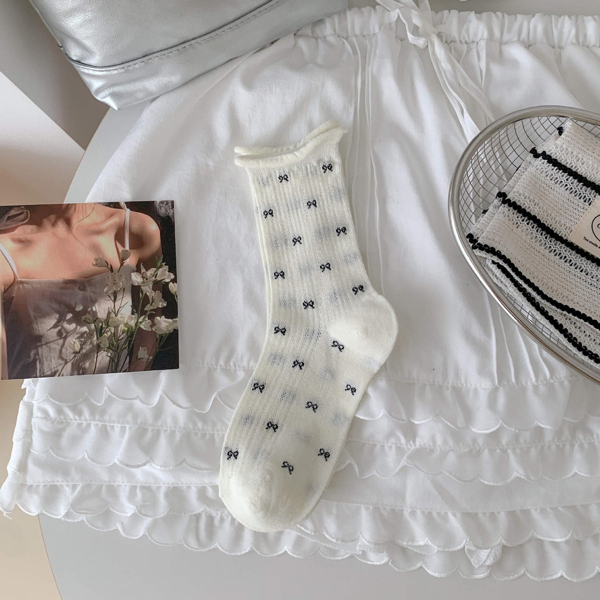 Coquette Aesthetic Sheer Mesh Pointelle Mini Bow Crew Socks - KawaSocks