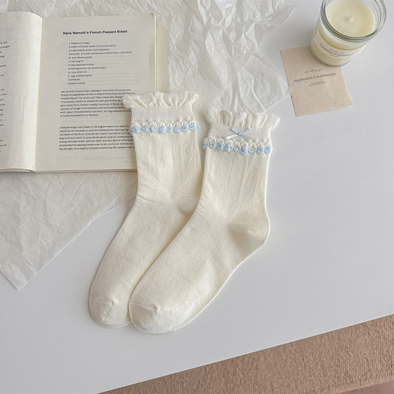 Coquette Romantic Cotton Ruffled Bobble Bow Crew Socks For Sweet Outfits - KawaSocks