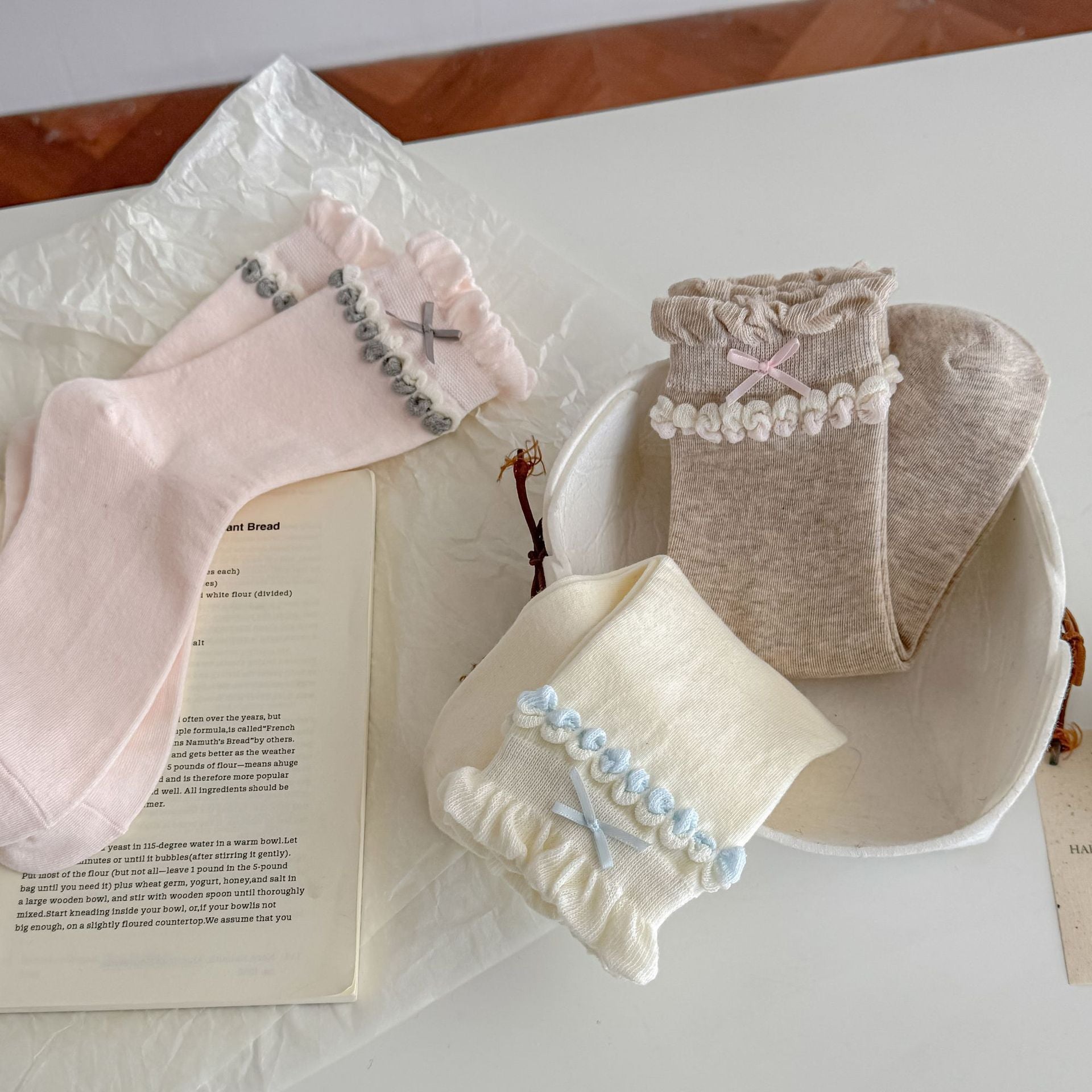 Coquette Romantic Cotton Ruffled Bobble Bow Crew Socks For Sweet Outfits - KawaSocks