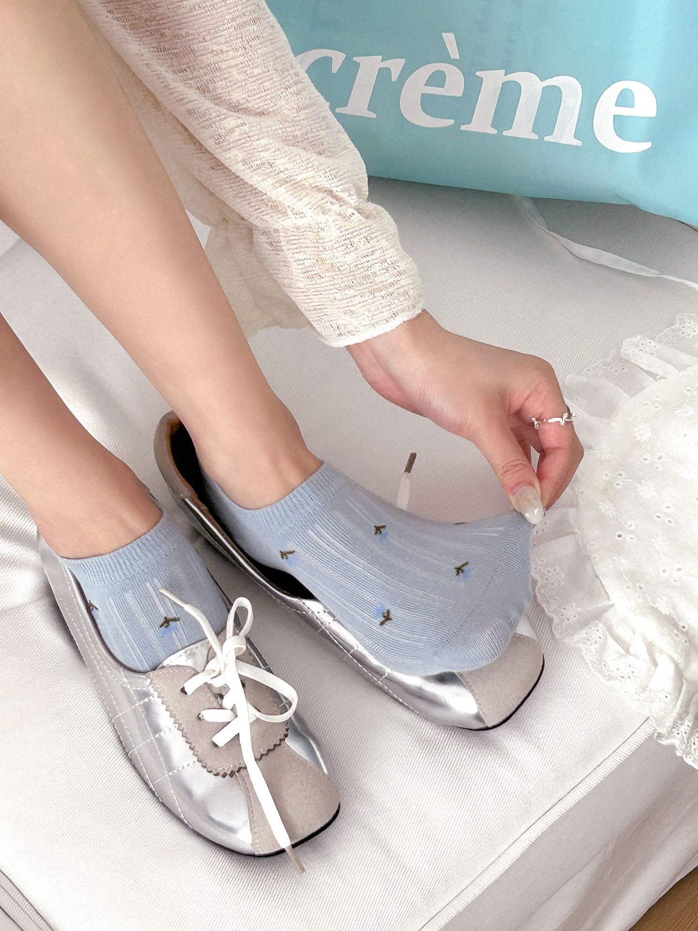 Cottagecore Dainty Floral Ribbed Cotton No Show Socks For Everyday Spring Outfits - KawaSocks