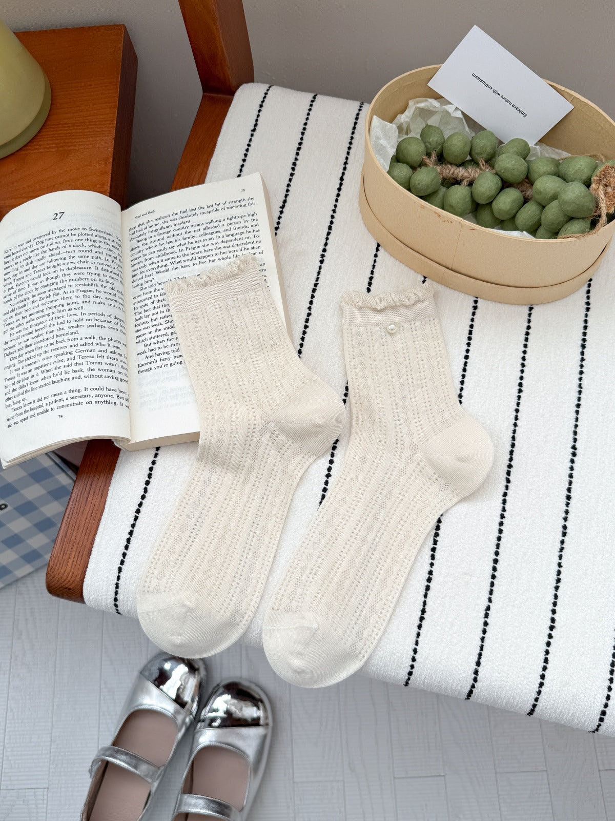 Vintage Coquette Pointelle Mesh Pearl Trim Ruffle Crew Socks - KawaSocks
