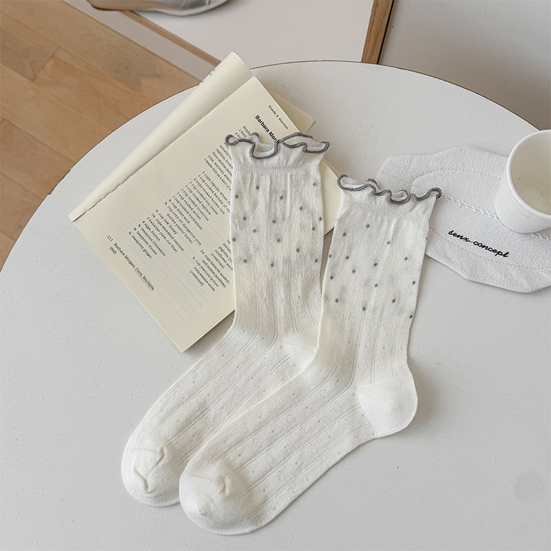 Coquette Vintage Ruffle Ribbon Pointelle Heart Cotton Crew Socks - KawaSocks