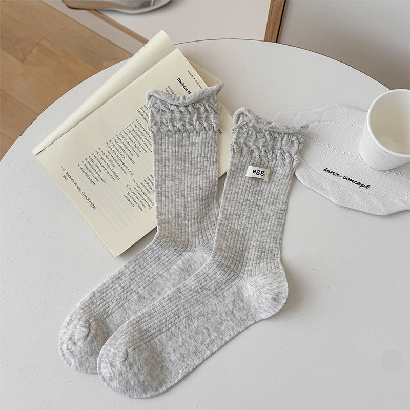Coquette Vintage Ruffle Ribbon Pointelle Heart Cotton Crew Socks - KawaSocks