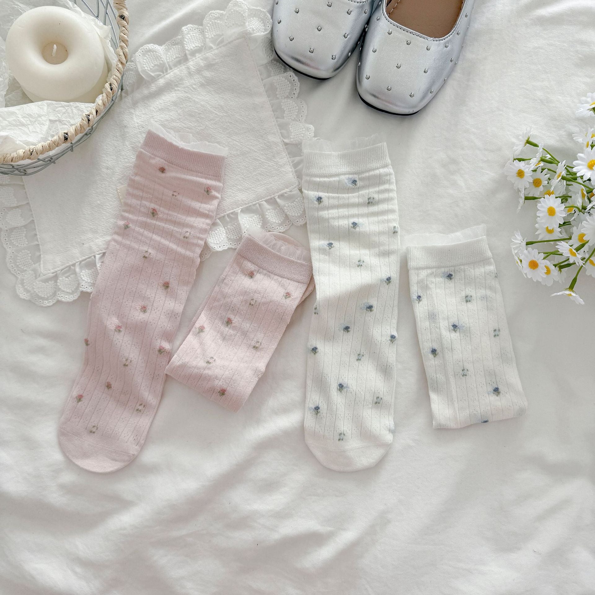 Vintage Cottagecore Pointelle Knit Floral Embroidery Crew Socks - KawaSocks