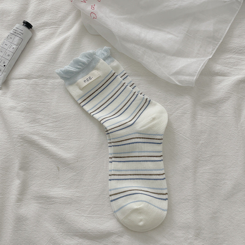 Pastel Kawaii Soft Cotton Striped Ruffle Hem Crew Socks For Everyday Casual Wear - KawaSocks