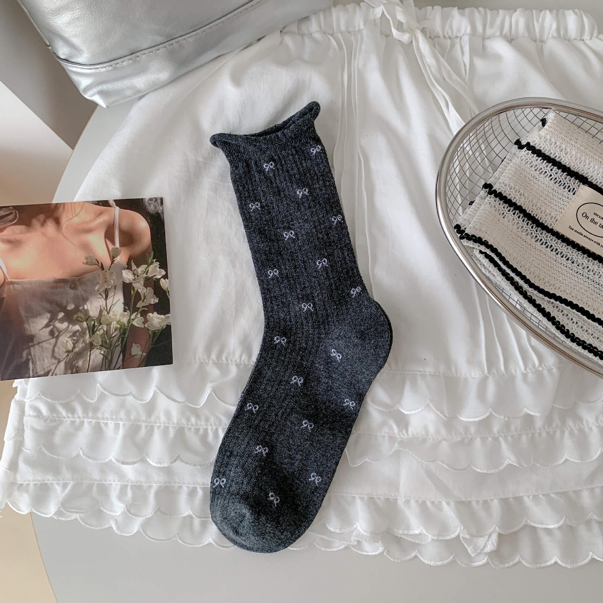 Coquette Aesthetic Sheer Mesh Pointelle Mini Bow Crew Socks - KawaSocks