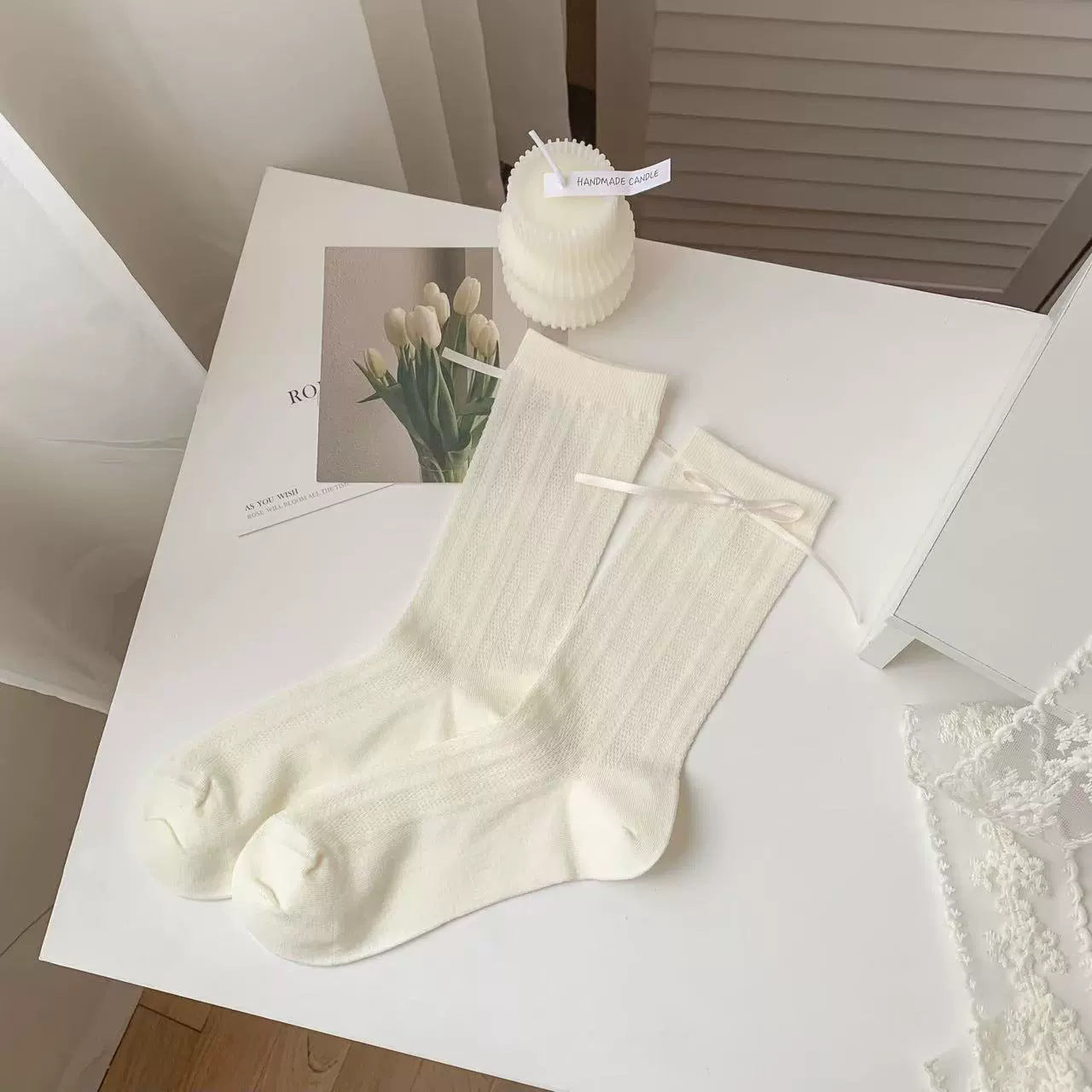 Romantic Coquette Cream Cotton Heart Pointelle Crew Socks with Satin Bows - KawaSocks