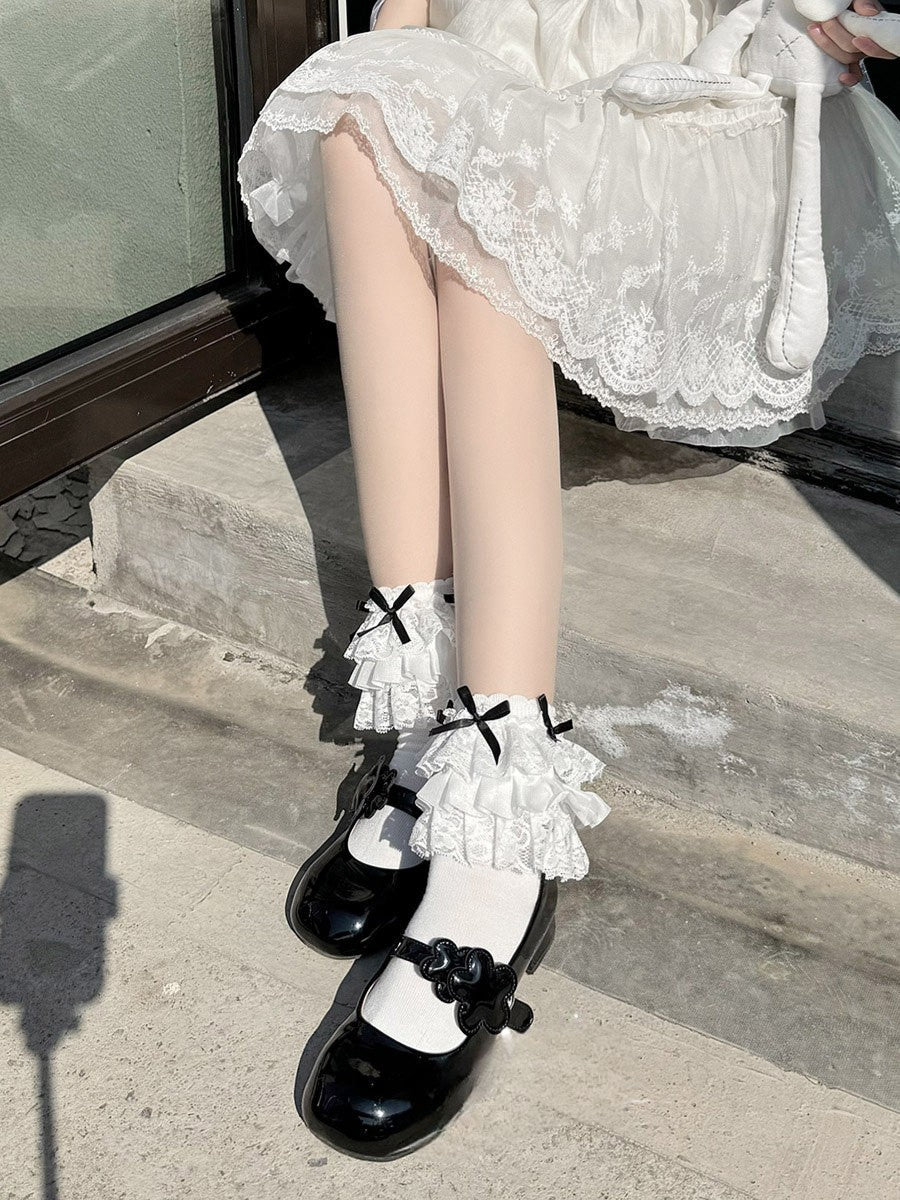 Enchanting Lolita Tiered Lace Ruffle Ribbed Cotton Crew Socks for Doll-Like Fashion - KawaSocks