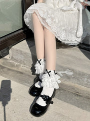 Enchanting Lolita Tiered Lace Ruffle Ribbed Cotton Crew Socks for Doll-Like Fashion - KawaSocks