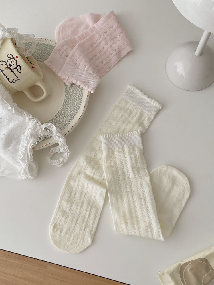 Vintage Mori Girl Pointelle Knit Lettuce Trim Crew Socks - KawaSocks