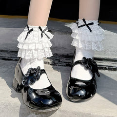 Enchanting Lolita Tiered Lace Ruffle Ribbed Cotton Crew Socks for Doll-Like Fashion - KawaSocks
