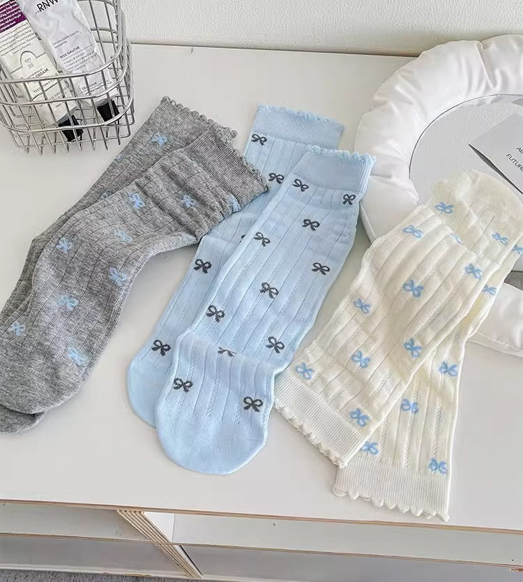 Coquette Kawaii Balletcore Ribbed Cotton Knitted Bow Crew Socks for Romantic Daily Fashion - KawaSocks