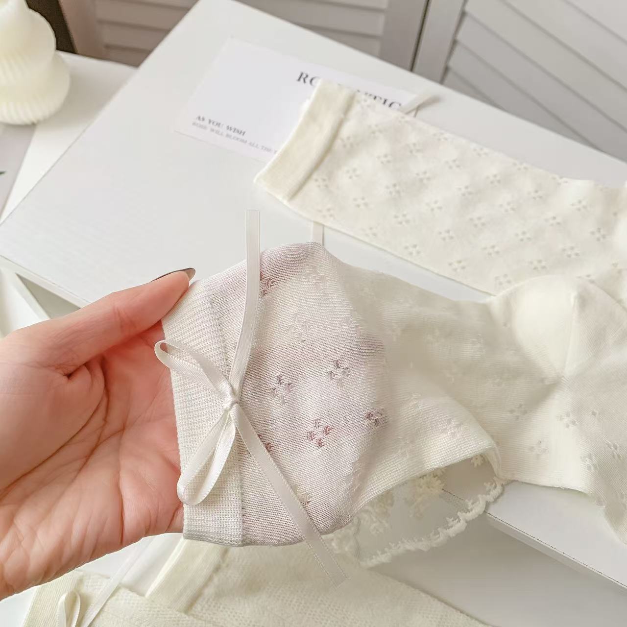 Romantic Coquette Cream Cotton Heart Pointelle Crew Socks with Satin Bows - KawaSocks
