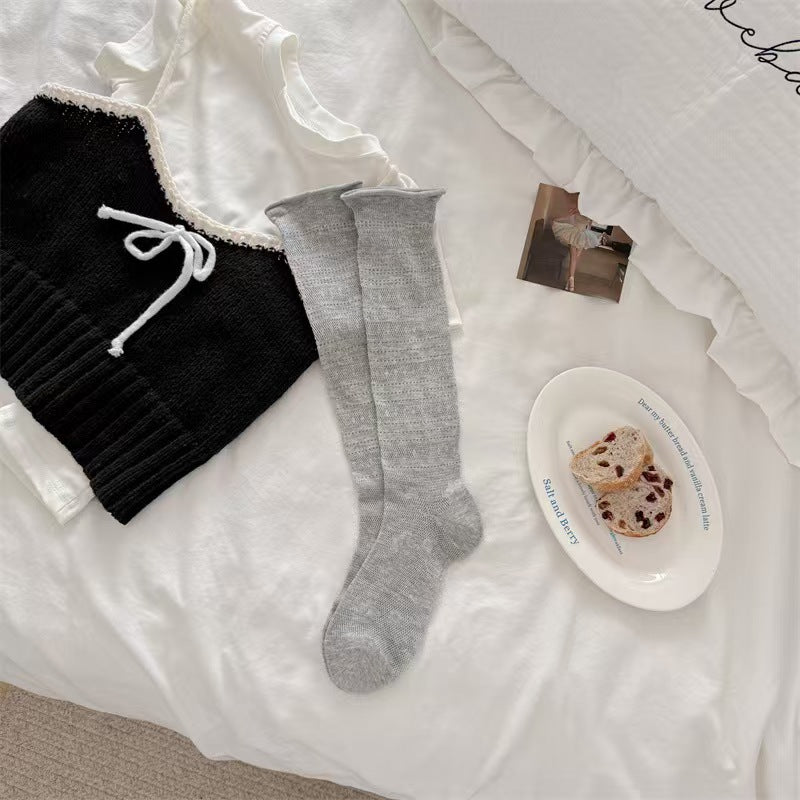 Vintage Pointelle Breathable Mesh Diamond Knit Knee High Socks For Romantic Styling - KawaSocks