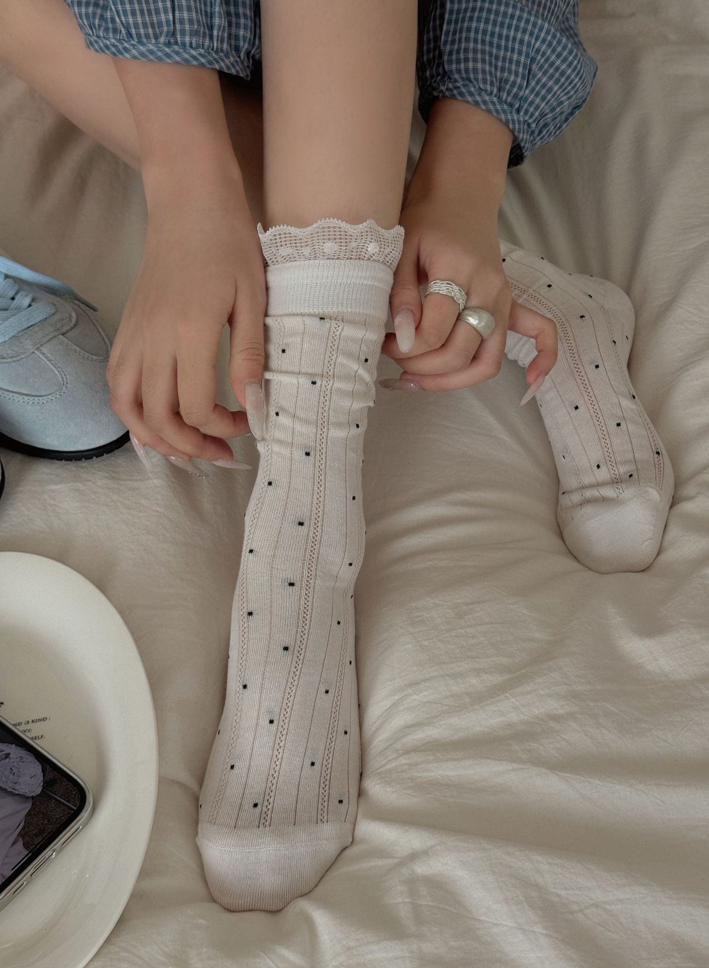 Vintage Coquette Ribbed Cotton Polka Dot Lace Trim Crew Socks For Sweet Outfits - KawaSocks