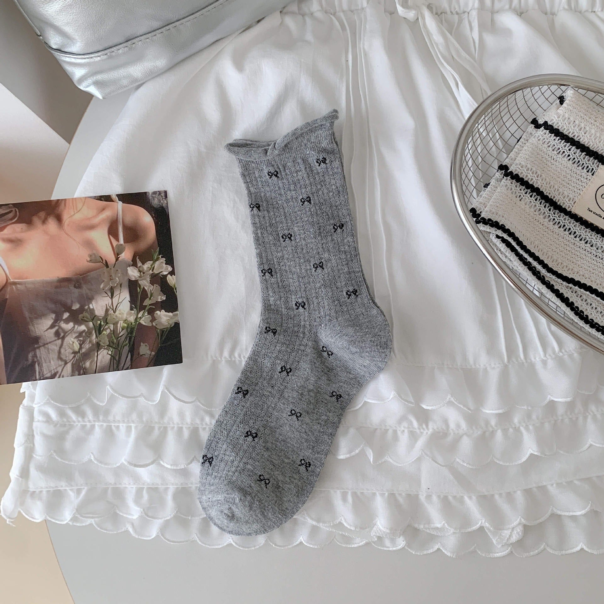 Coquette Aesthetic Sheer Mesh Pointelle Mini Bow Crew Socks - KawaSocks
