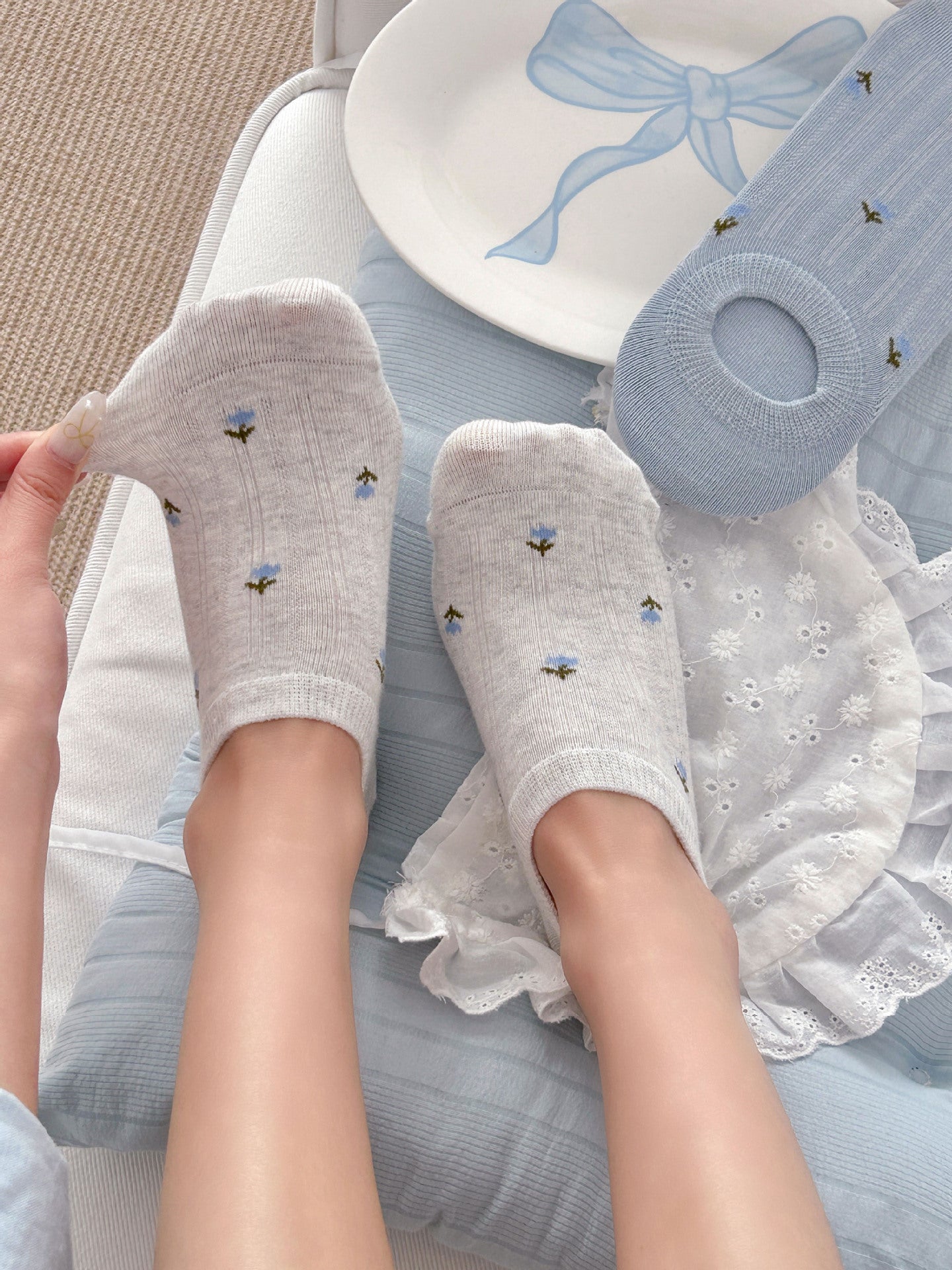 Cottagecore Dainty Floral Ribbed Cotton No Show Socks For Everyday Spring Outfits - KawaSocks