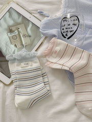 Pastel Kawaii Soft Cotton Striped Ruffle Hem Crew Socks For Everyday Casual Wear - KawaSocks