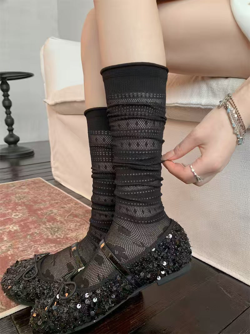 Vintage Pointelle Breathable Mesh Diamond Knit Knee High Socks For Romantic Styling - KawaSocks
