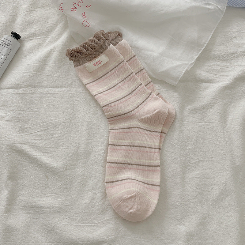 Pastel Kawaii Soft Cotton Striped Ruffle Hem Crew Socks For Everyday Casual Wear - KawaSocks