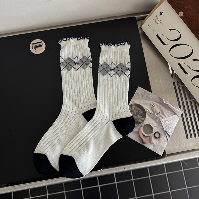 Vintage Preppy Ribbed Cotton Ruffle Trim Crew Socks For Cute Everyday Outfits - KawaSocks